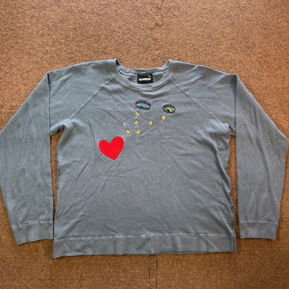 Monrow Heart Eyes Lightning Bolt Raglan Sweatshirt Womens Blue Gray Pullover